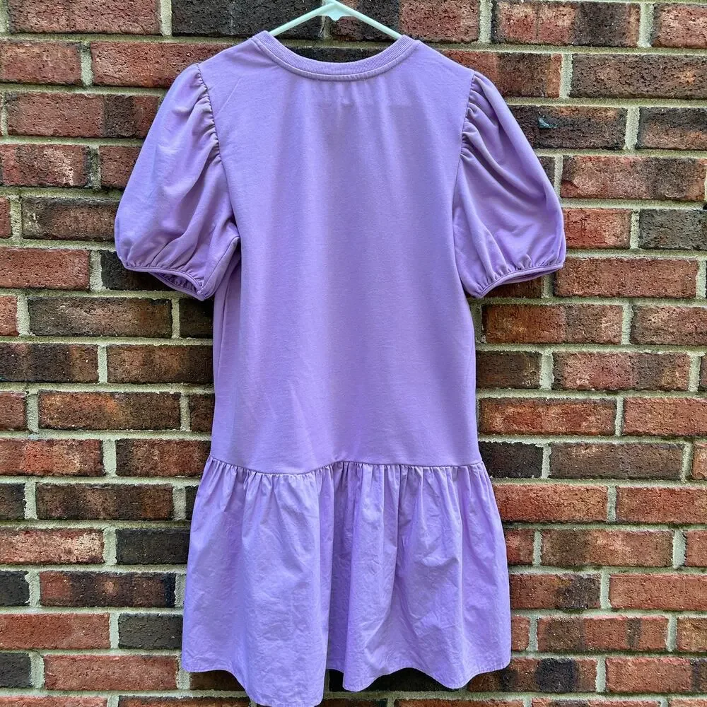 English Factory Knit Woven Mixed Dress Lilac Purple Puff Sleeve Mini Size Small - Picture 5 of 9